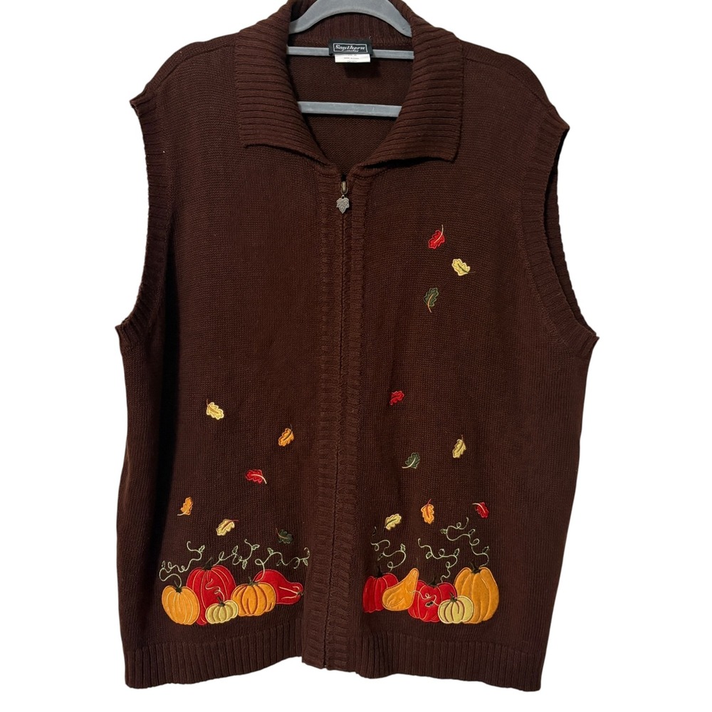 Southern Lady Womens 2X Sweater Vest Chocolate Brown Embroidered Pumpkin Fall